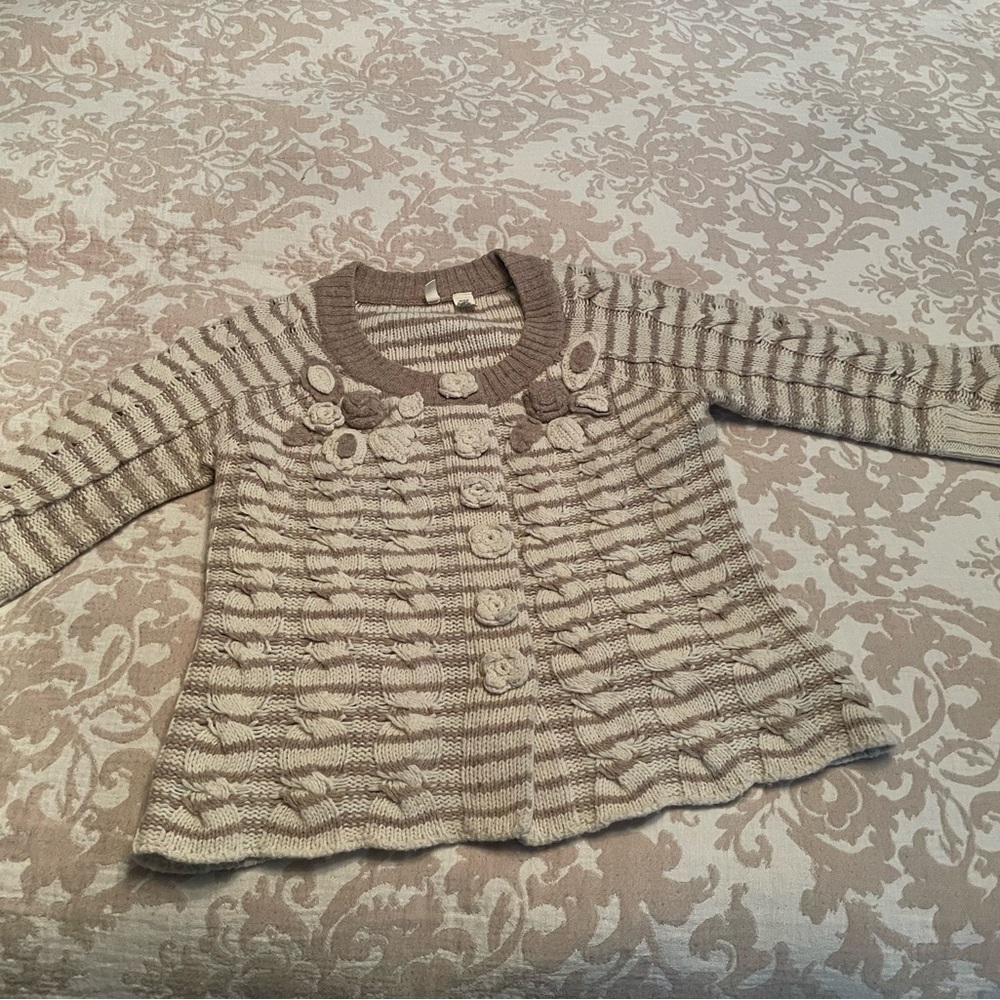 Anthropologie Beige Striped Floral Cardigan